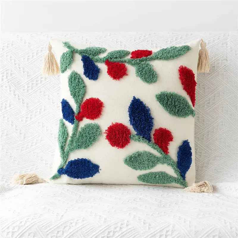 Embroidered geometric leaves pillow cover living room tasseled decor