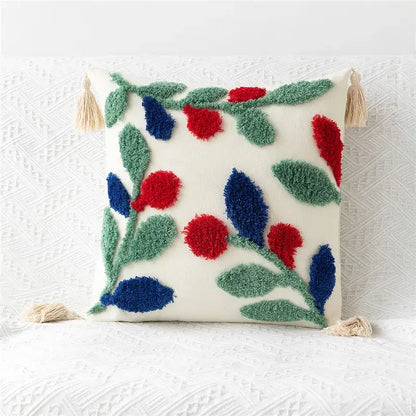 Embroidered geometric leaves pillow cover living room tasseled decor