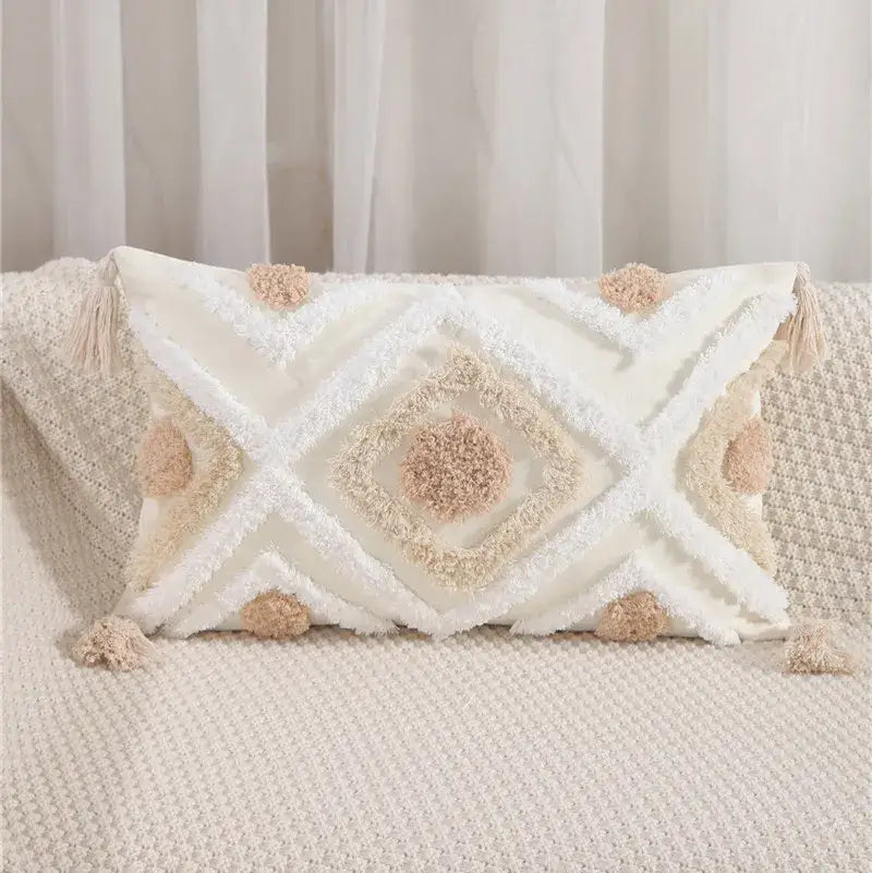Embroidered geometric leaves pillow cover living room tasseled decor