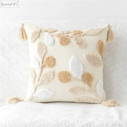 Embroidered geometric leaves pillow cover living room tasseled decor