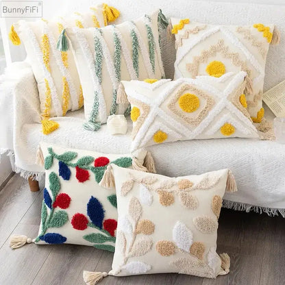 Embroidered geometric leaves pillow cover living room tasseled decor