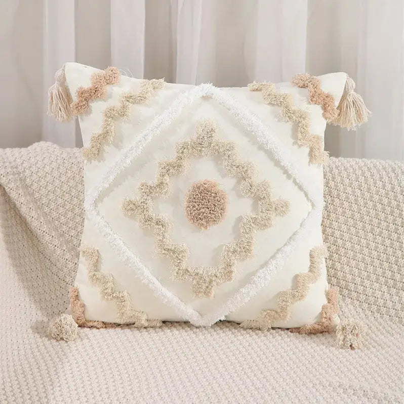 Embroidered geometric leaves pillow cover living room tasseled decor