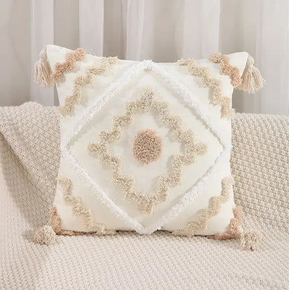 Embroidered geometric leaves pillow cover living room tasseled decor