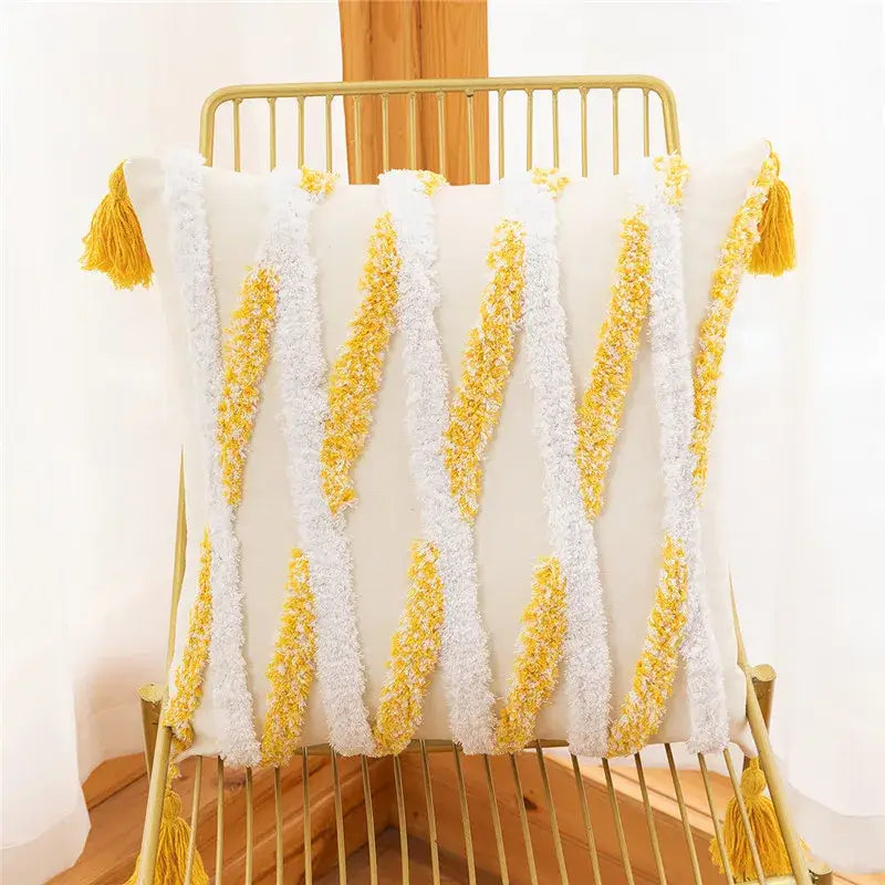 Embroidered geometric leaves pillow cover living room tasseled decor