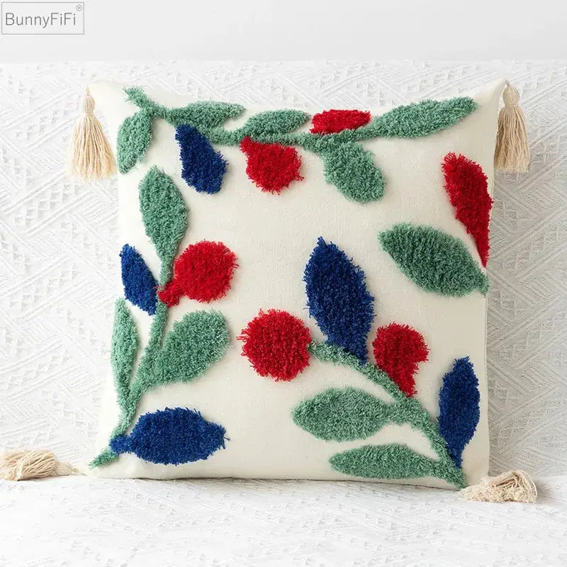 Embroidered geometric leaves pillow cover living room tasseled decor