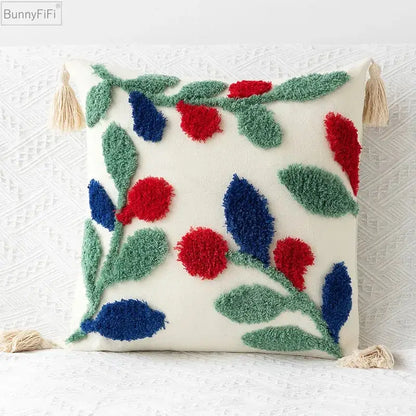 Embroidered geometric leaves pillow cover living room tasseled decor