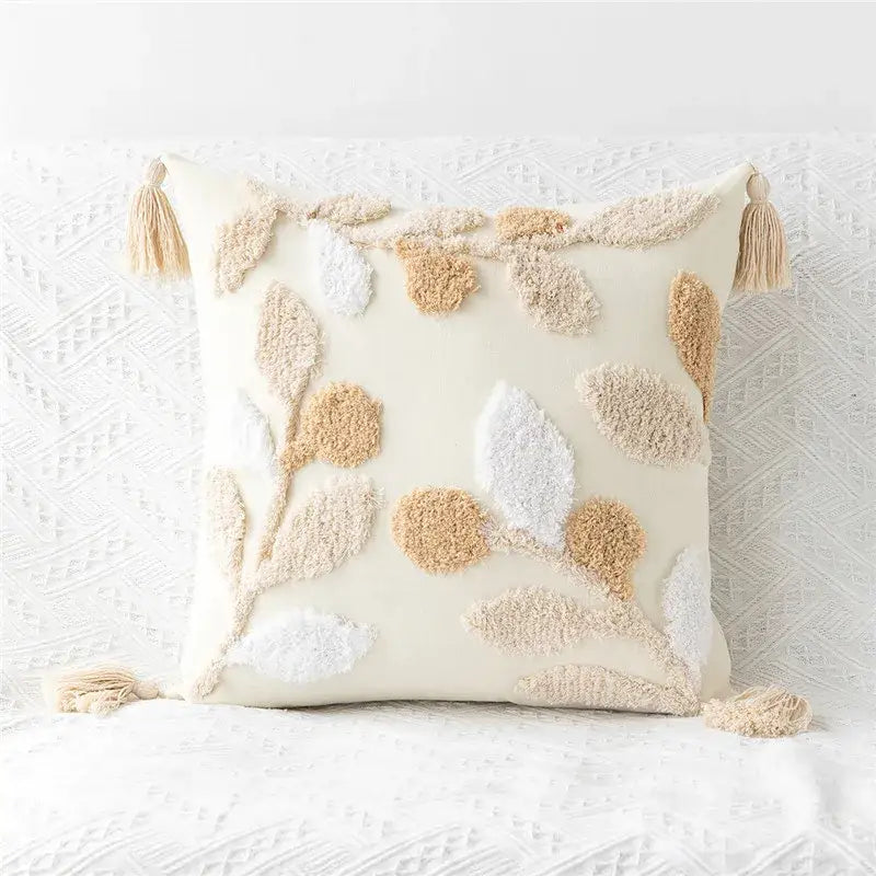 Embroidered geometric leaves pillow cover living room tasseled decor