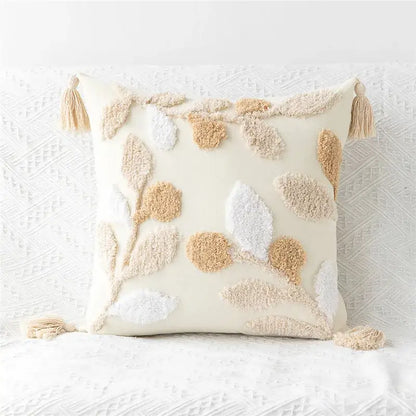 Embroidered geometric leaves pillow cover living room tasseled decor