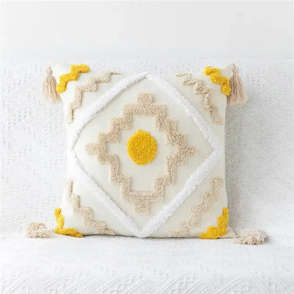 Embroidered geometric leaves pillow cover living room tasseled decor