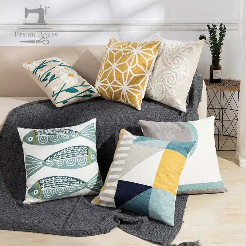 Embroidered green and gold fish pillow cover living room
