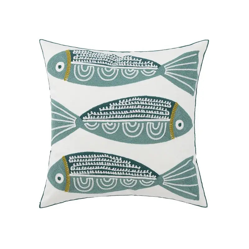 Embroidered green and gold fish pillow cover living room