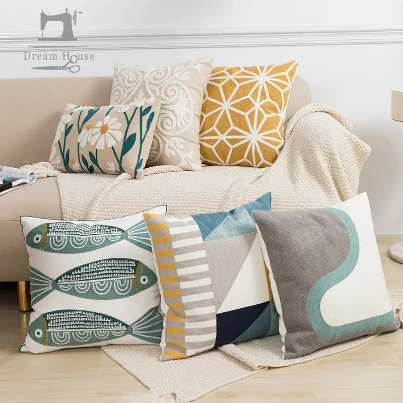 Embroidered green and gold fish pillow cover living room