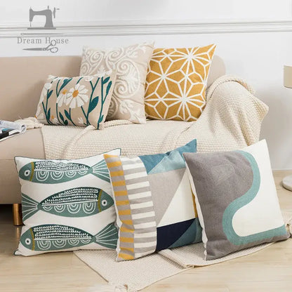 Embroidered green and gold fish pillow cover living room