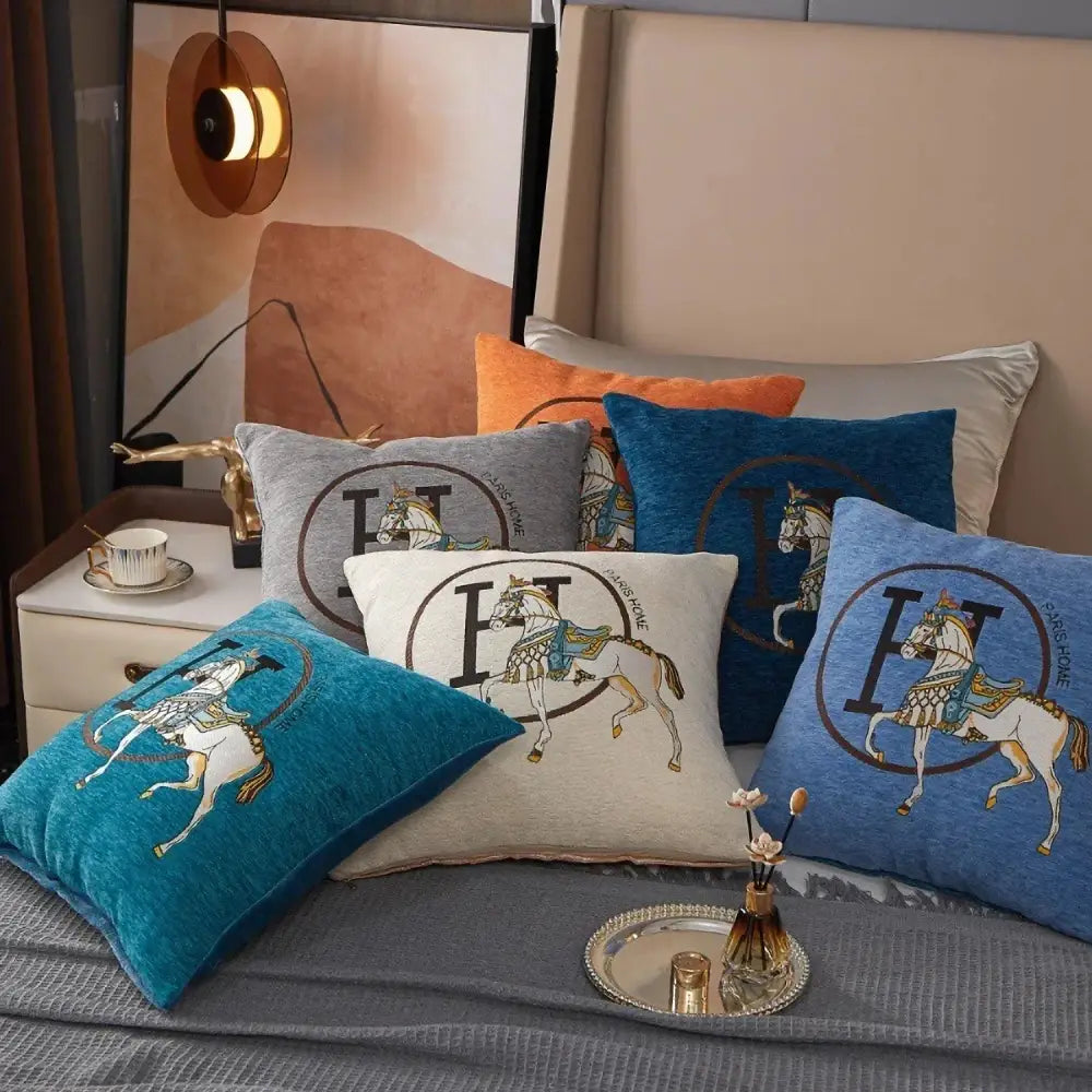 Embroidered horse cotton throw pillow cover living room decor