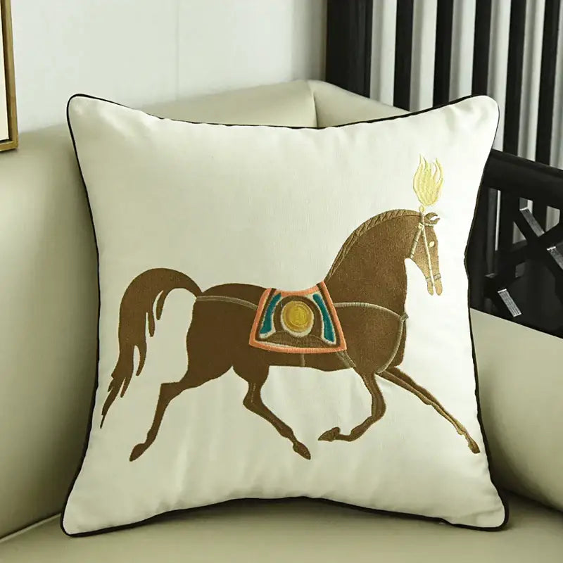 Embroidered horse pillowcase white throw pillow living room decor
