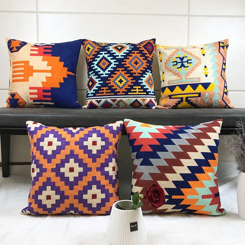 Embroidered kilim style cushion cover – living room geometric pillow
