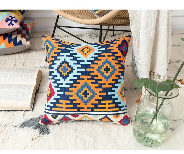 Embroidered kilim style cushion cover – living room geometric pillow
