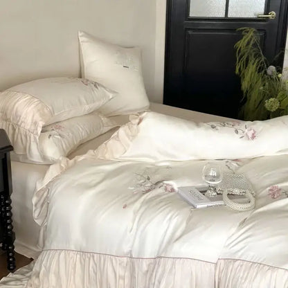 Embroidered lace princess bedding set cream floral bedroom decor