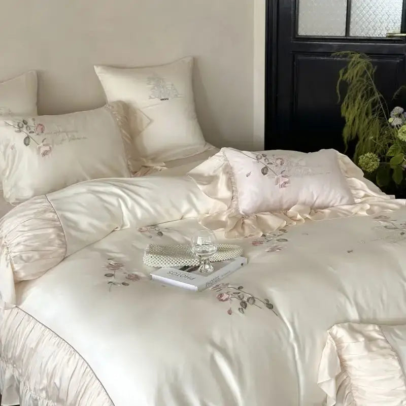 Embroidered lace princess bedding set cream floral bedroom decor