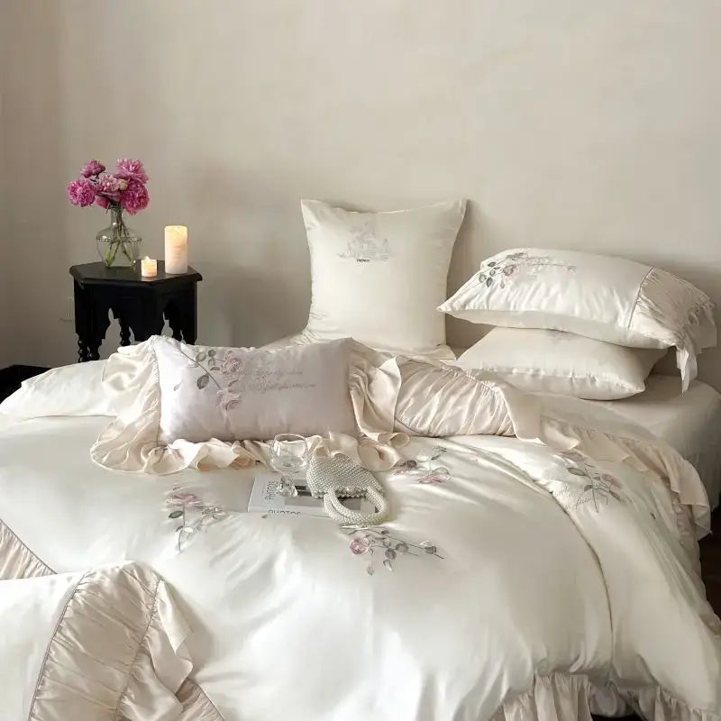 Embroidered lace princess bedding set cream floral bedroom decor