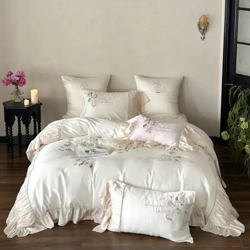 Embroidered lace princess bedding set cream floral bedroom decor