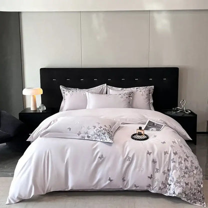 Embroidered light blue butterflies bedding set for bedroom