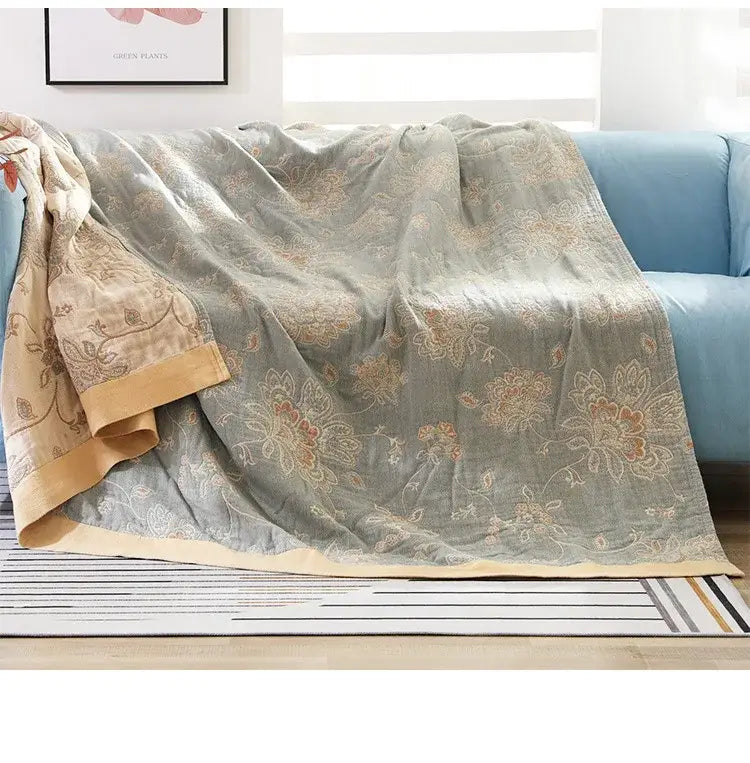Embroidered mustard & navy cotton gauze summer quilt bedroom blanket