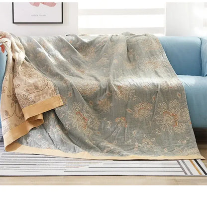 Embroidered mustard & navy cotton gauze summer quilt bedroom blanket