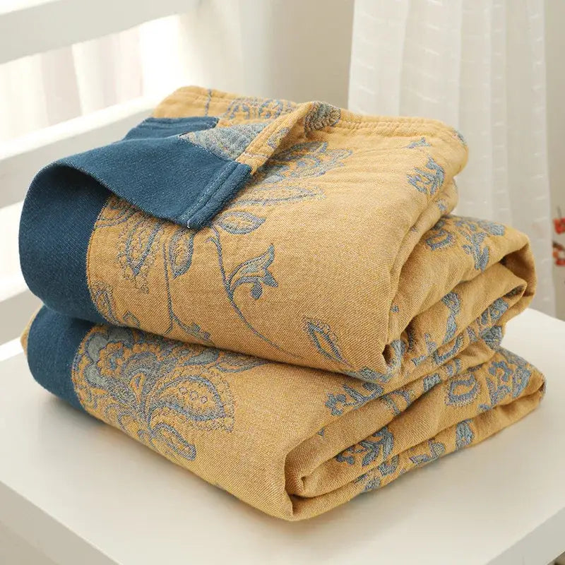 Embroidered mustard & navy cotton gauze summer quilt bedroom blanket