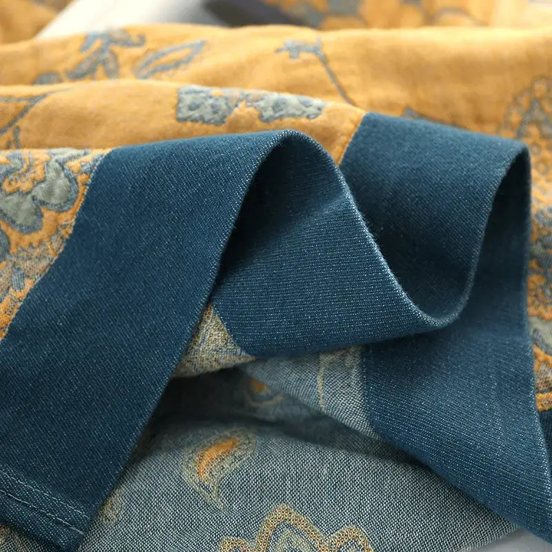 Embroidered mustard & navy cotton gauze summer quilt bedroom blanket