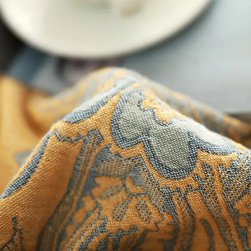 Embroidered mustard & navy cotton gauze summer quilt bedroom blanket
