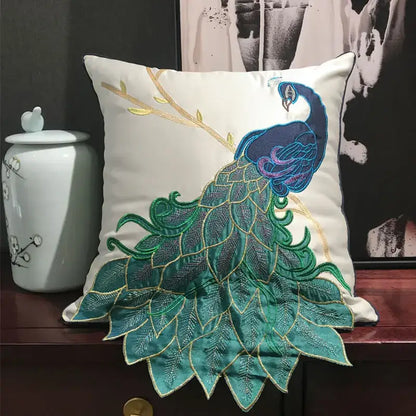 Embroidered peacock design cream satin cushion cover living room