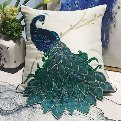 Embroidered peacock design cream satin cushion cover living room