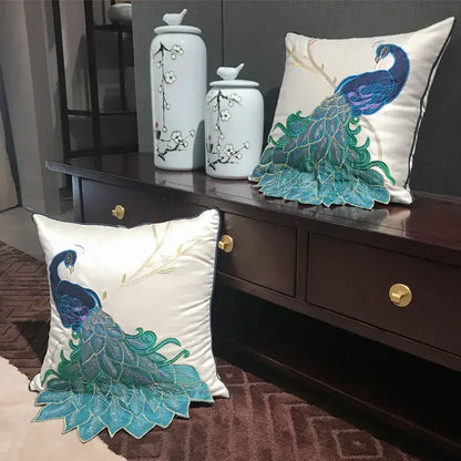 Embroidered peacock design cream satin cushion cover living room