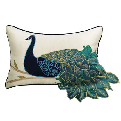 Embroidered peacock design cream satin cushion cover living room