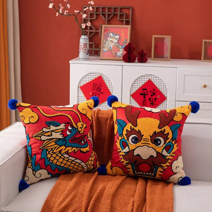 Embroidered red dragon year cushion cover living room pillow case