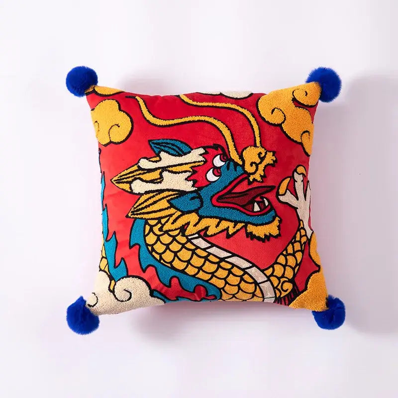 Embroidered red dragon year cushion cover living room pillow case