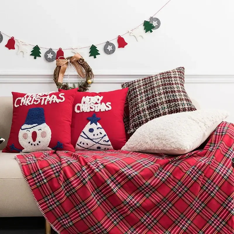 Embroidered red snowman cartoon christmas pillow covers living room