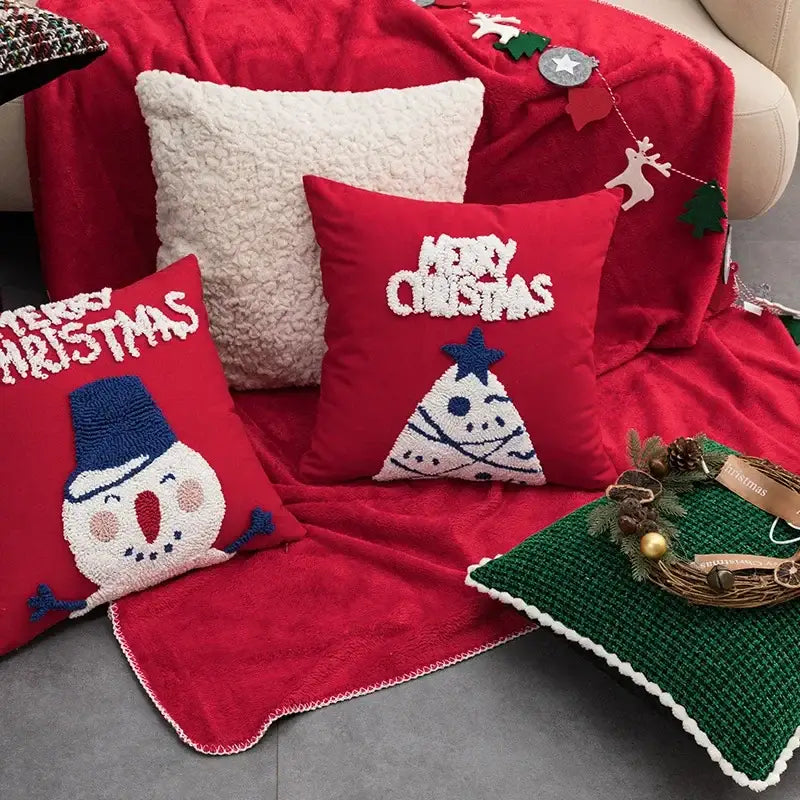 Embroidered red snowman cartoon christmas pillow covers living room