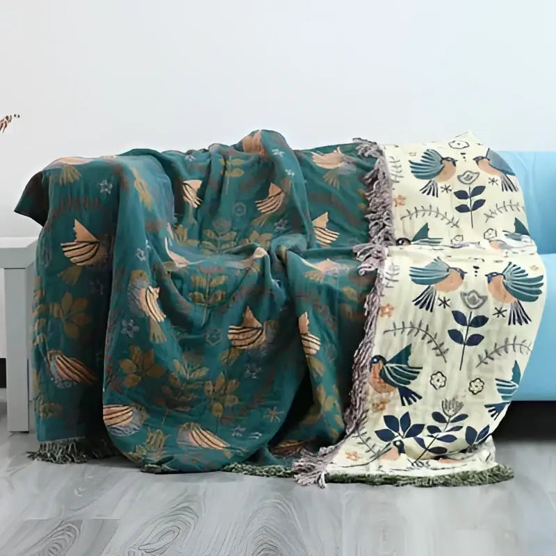 Embroidered teal & cream cotton sofa throw blanket living room quilt