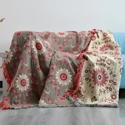 Embroidered teal & cream cotton sofa throw blanket living room quilt