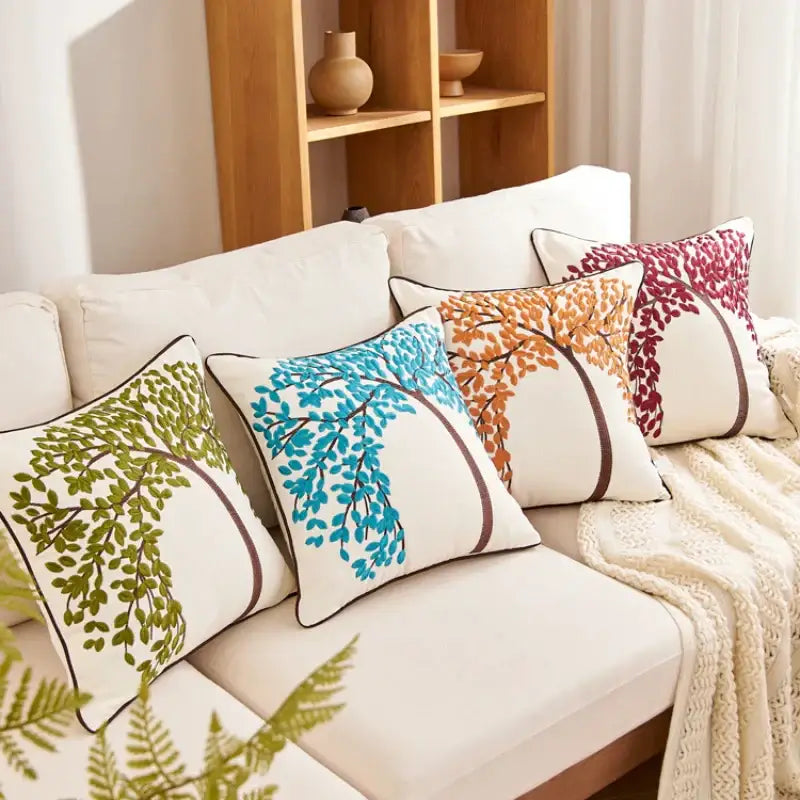 Embroidered tree cushion cover set for living room sofa