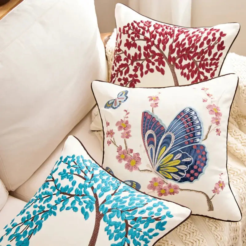 Embroidered tree cushion cover set for living room sofa