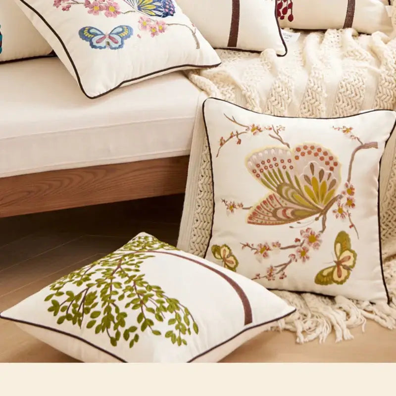 Embroidered tree cushion cover set for living room sofa