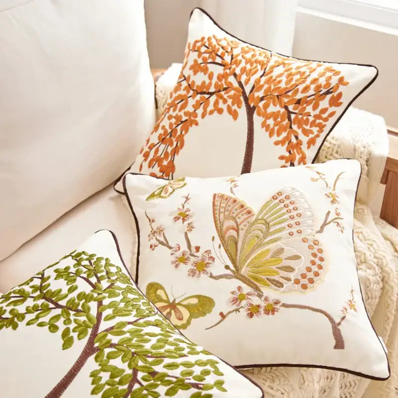 Embroidered tree cushion cover set for living room sofa