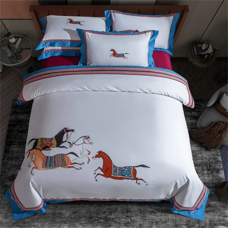 Embroidered white bedding set with galloping horse bedroom decor