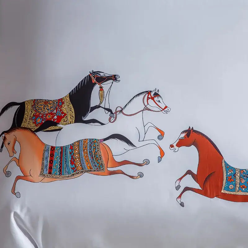 Embroidered white bedding set with galloping horse bedroom decor