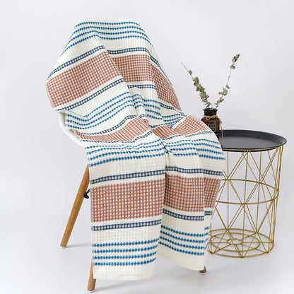 Embroidered white & blue cotton bath towel bathroom honeycomb linen