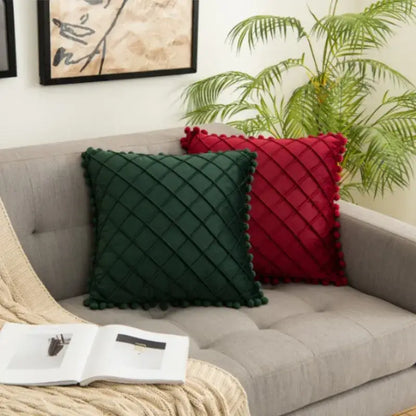 Emerald and burgundy corduroy striped pompom pillowcase living room