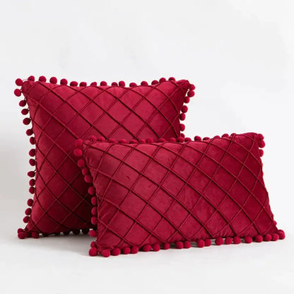 Emerald and burgundy corduroy striped pompom pillowcase living room